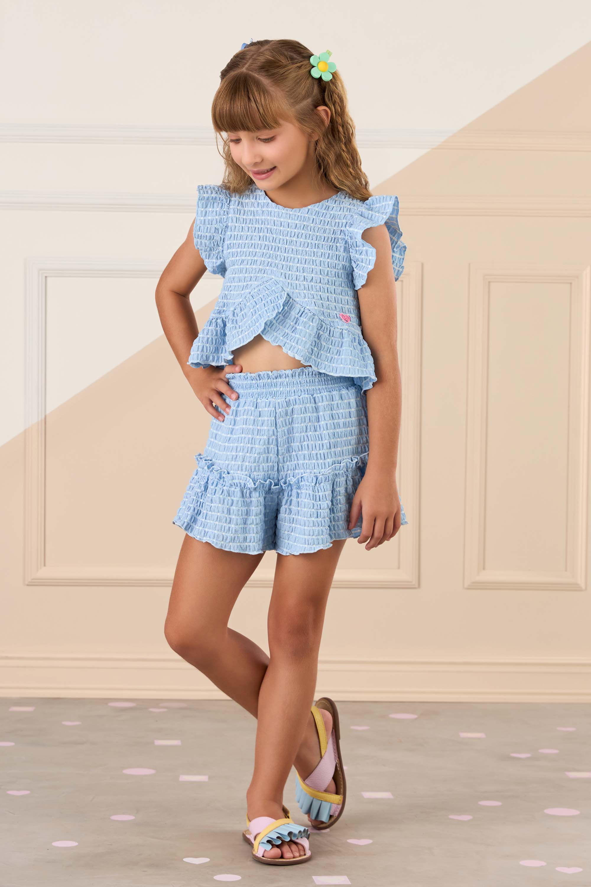 Conjunto Infantil Azul com Cropped de Babados e Short Petit Cherie