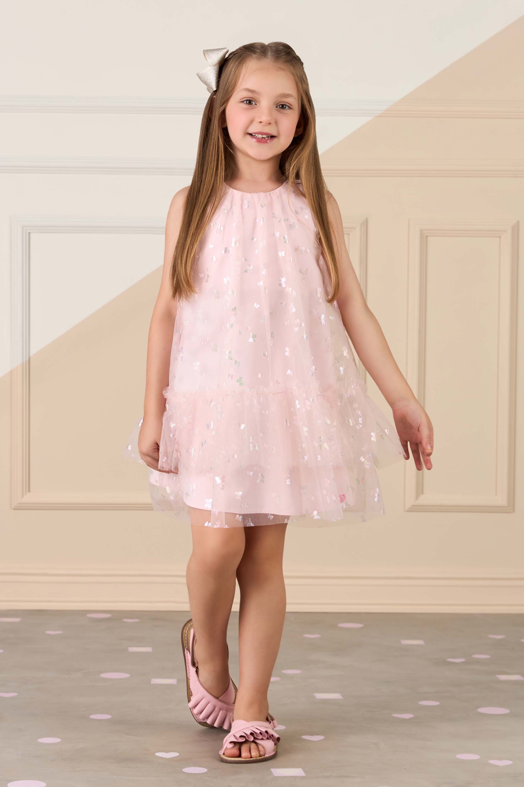 Vestido Infantil Rosa com Tule e Brilhos de Borboletas Mon Sucré - Main Image