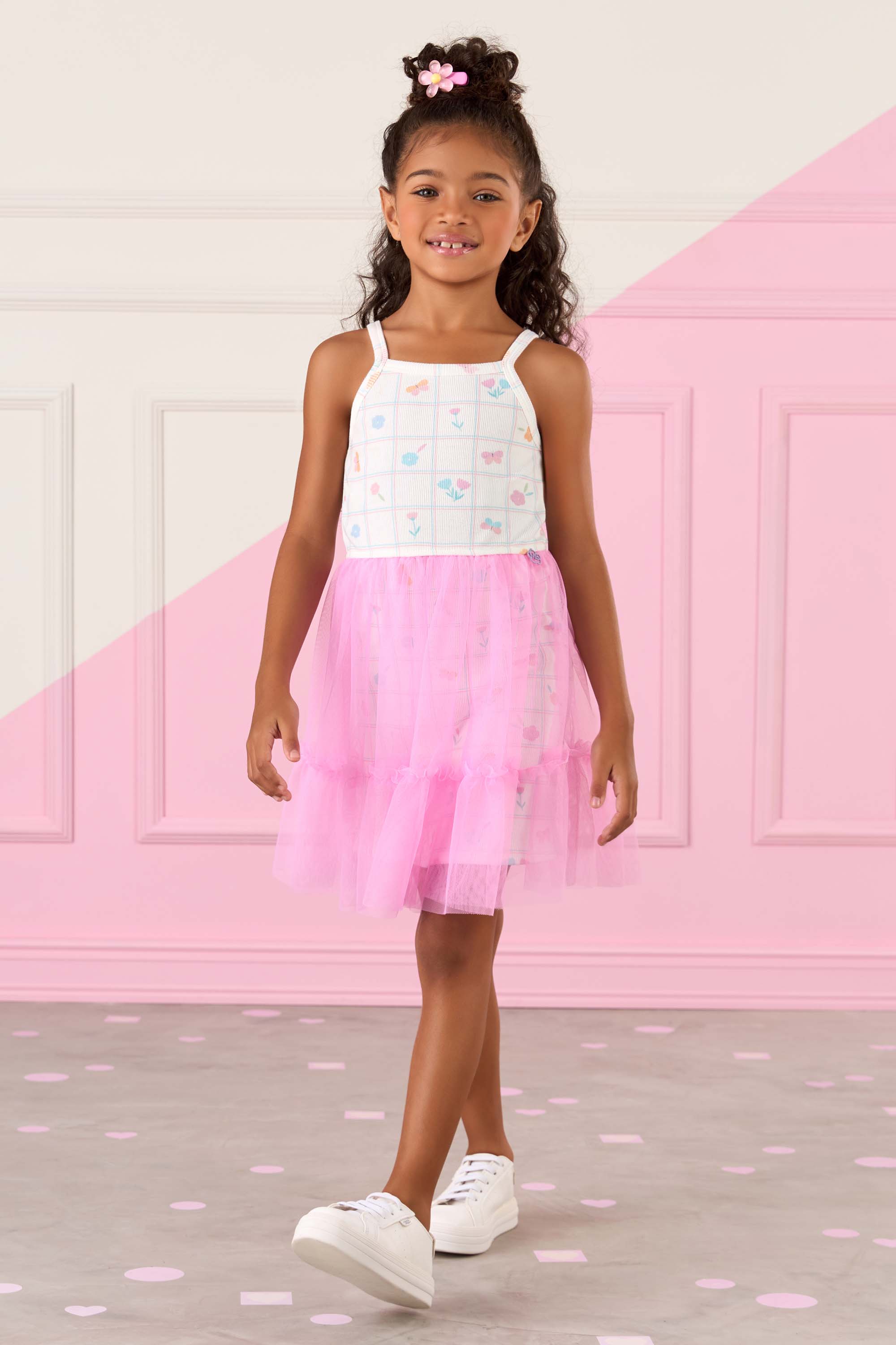 Vestido Infantil Mon Sucré com Tule Rosa e Estampa Delicada