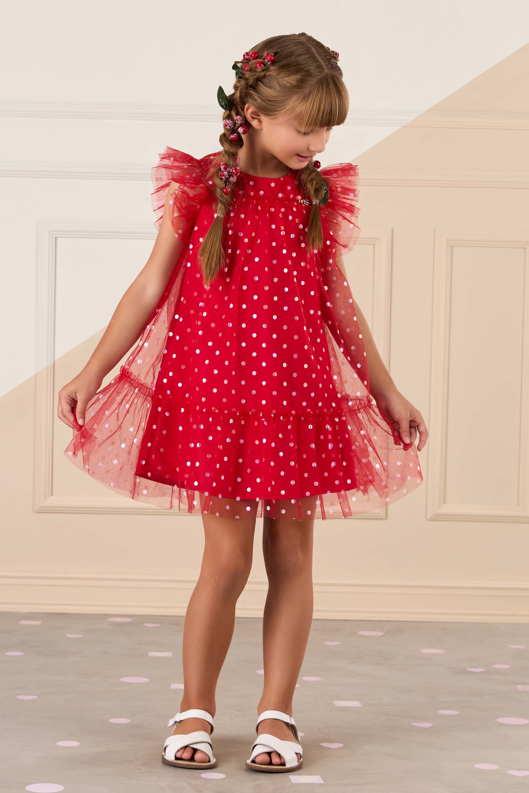 Tule Poa Roupa De Tule Infantil Vestido Infantil Mon Sucré Vermelho Com  Tule E Poás Brancos