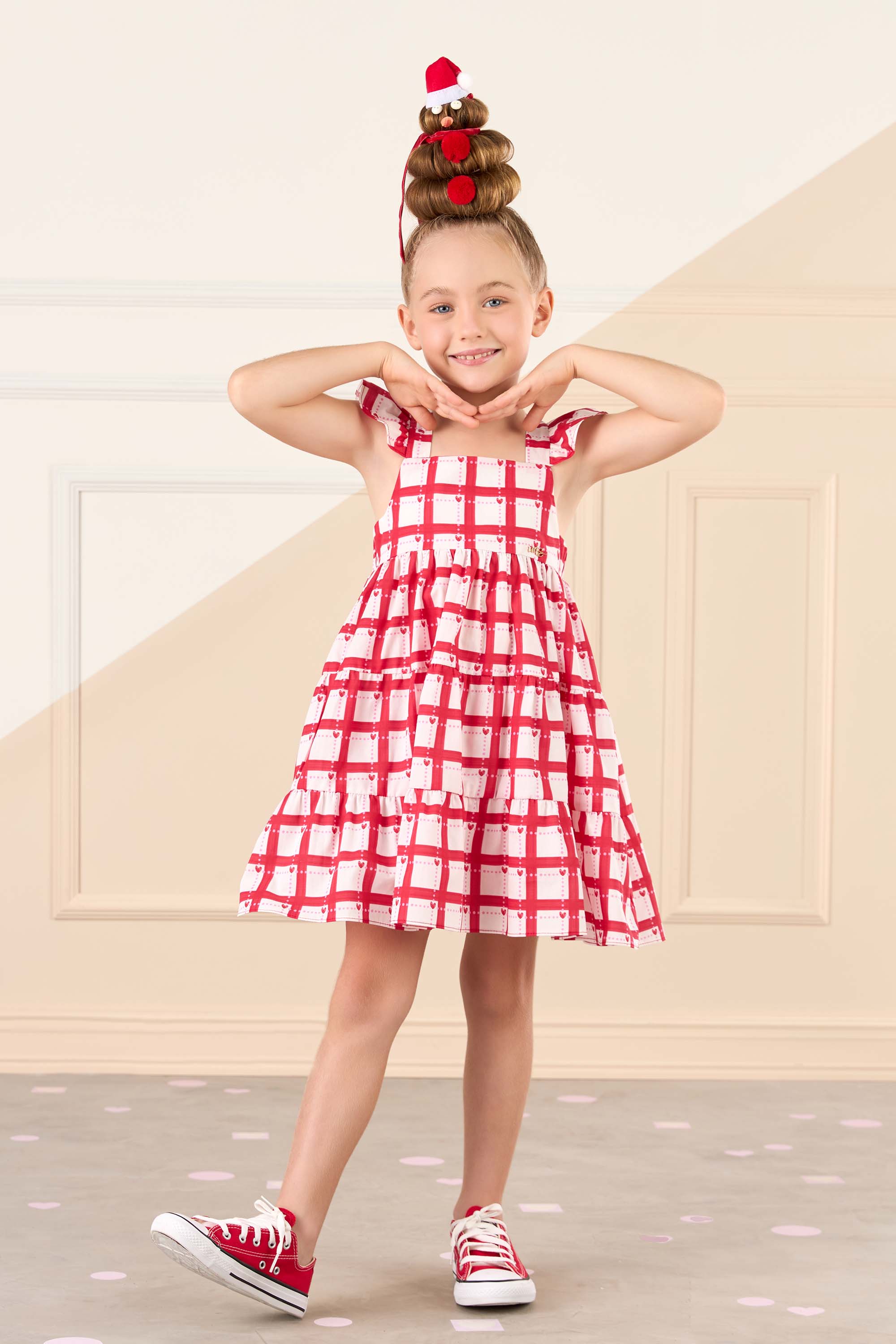 Vestido Infantil Mon Sucré Xadrez Vermelho com Babados para o Natal