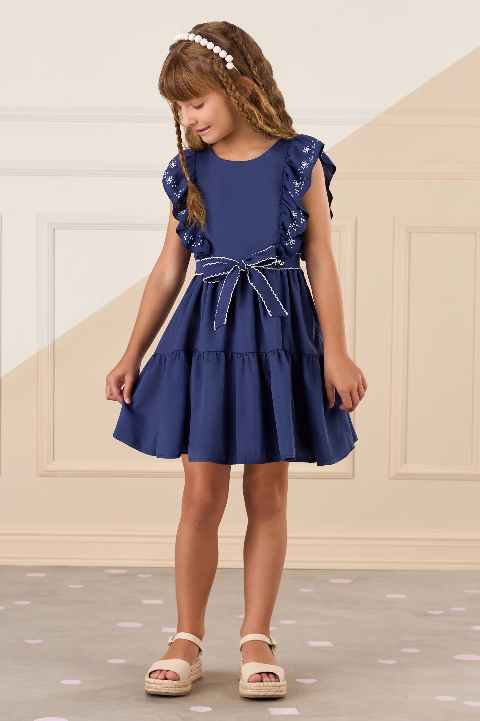 Azul Marinho Vestido Infantil Listrado Azul E Branco Vestido