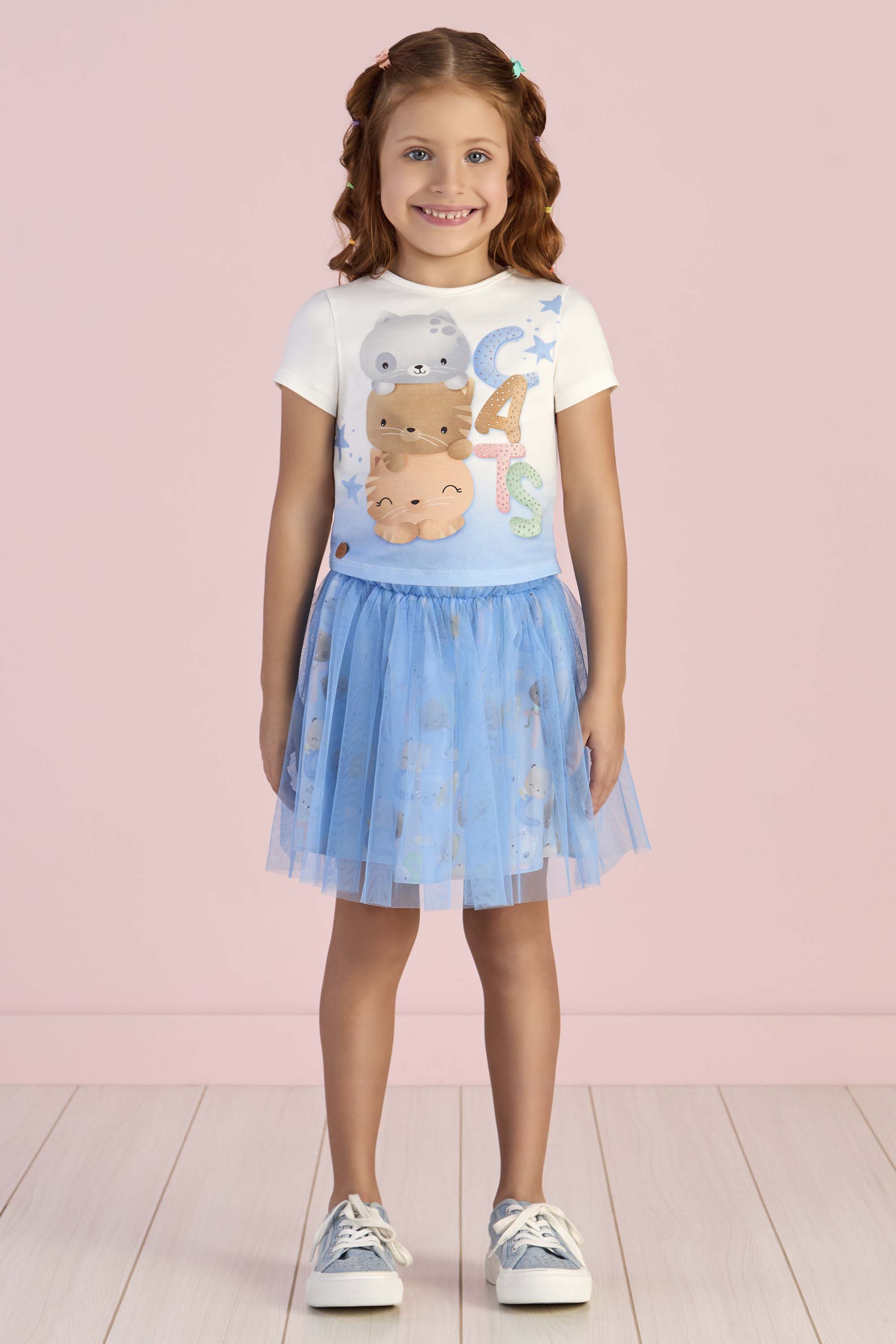 Conjunto Mon Sucré Infantil – Blusa de Gatinhos e Saia de Tule Azul
