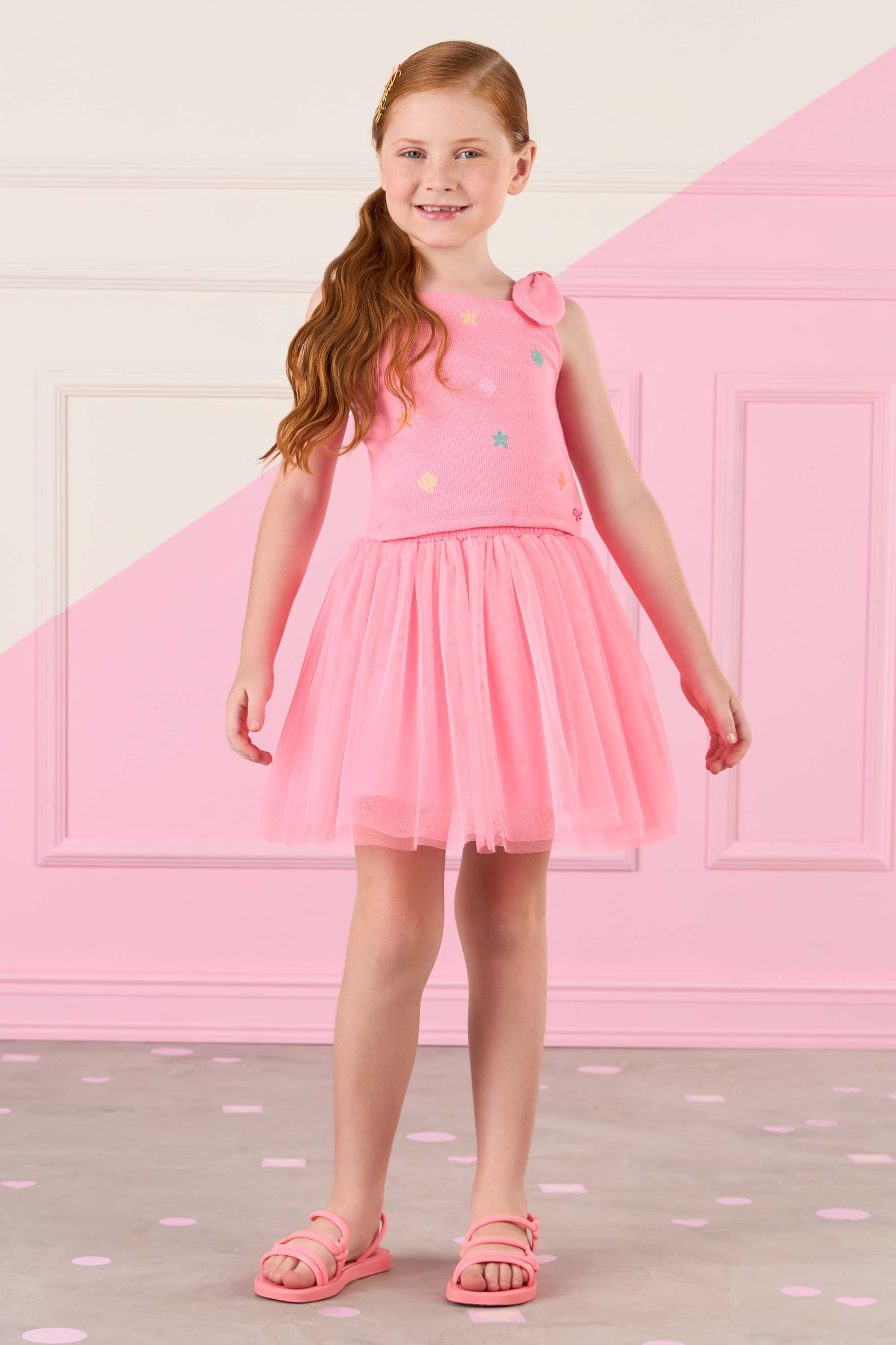 Vestido Infantil Mon Sucré com Bordado de Conchas e Saia de Tule Rosa