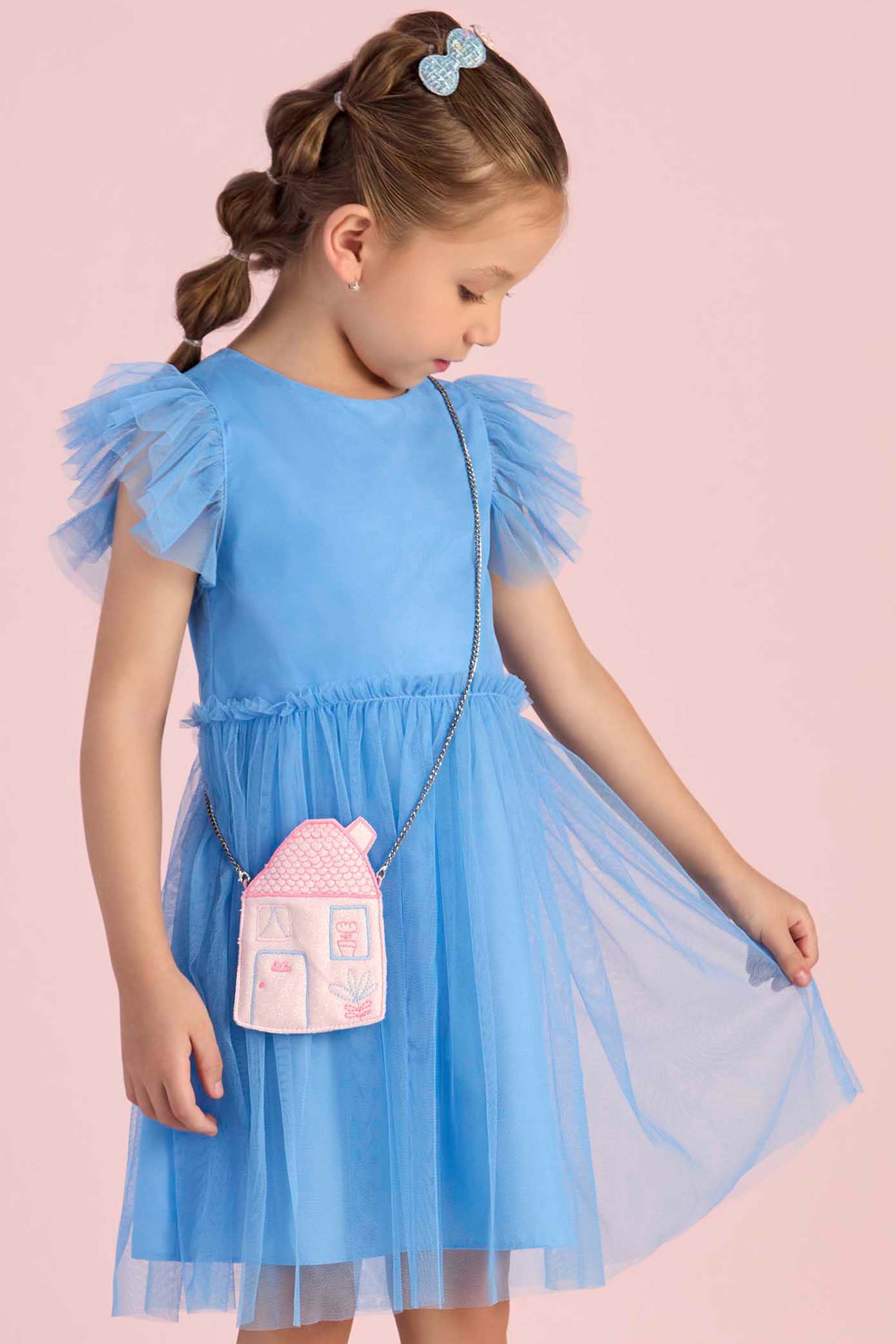 Vestido Azul Mon Sucré com Tule e Bolsinha de Casinha