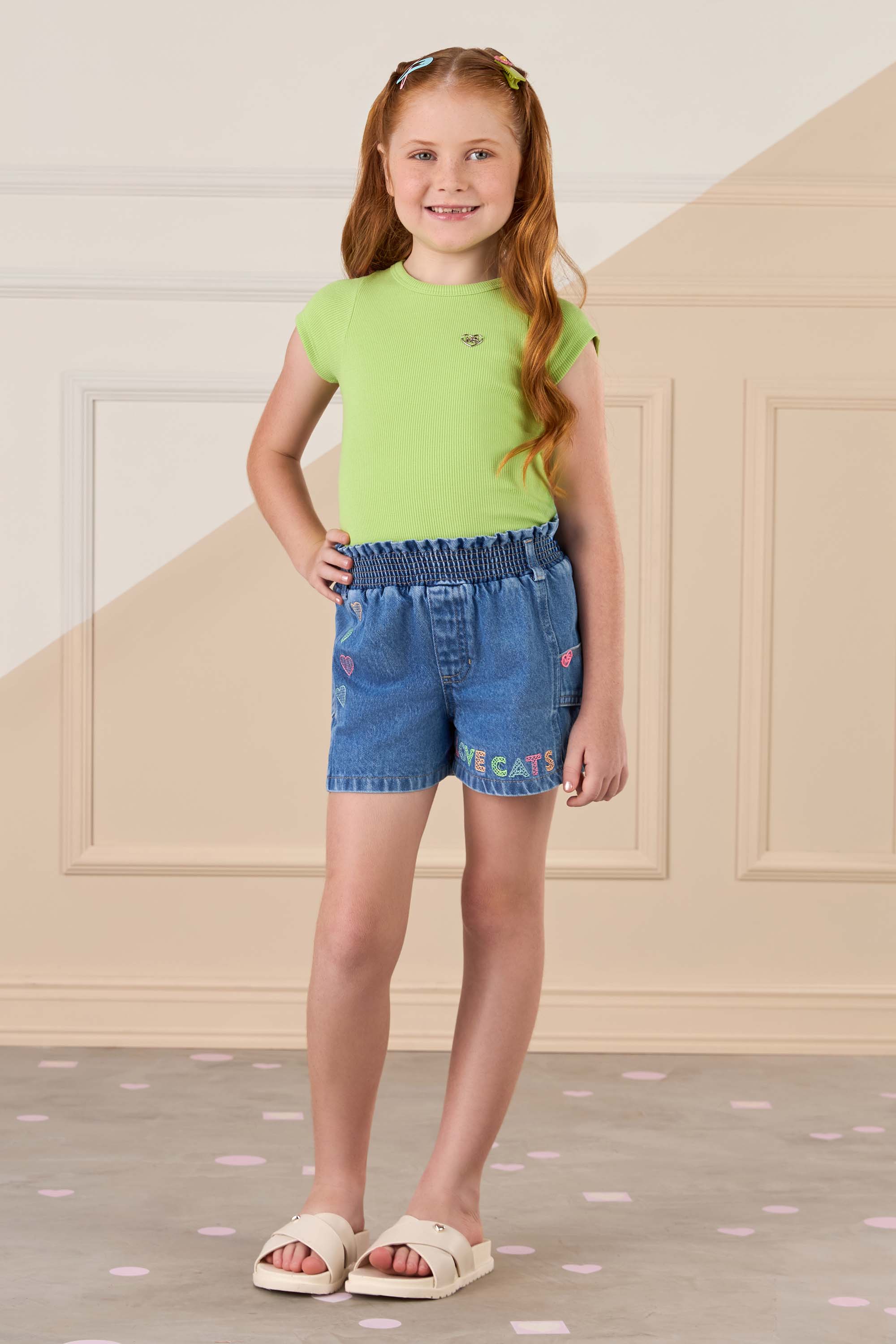 Short Jeans Mon Sucré Infantil com Elástico e Bordado 