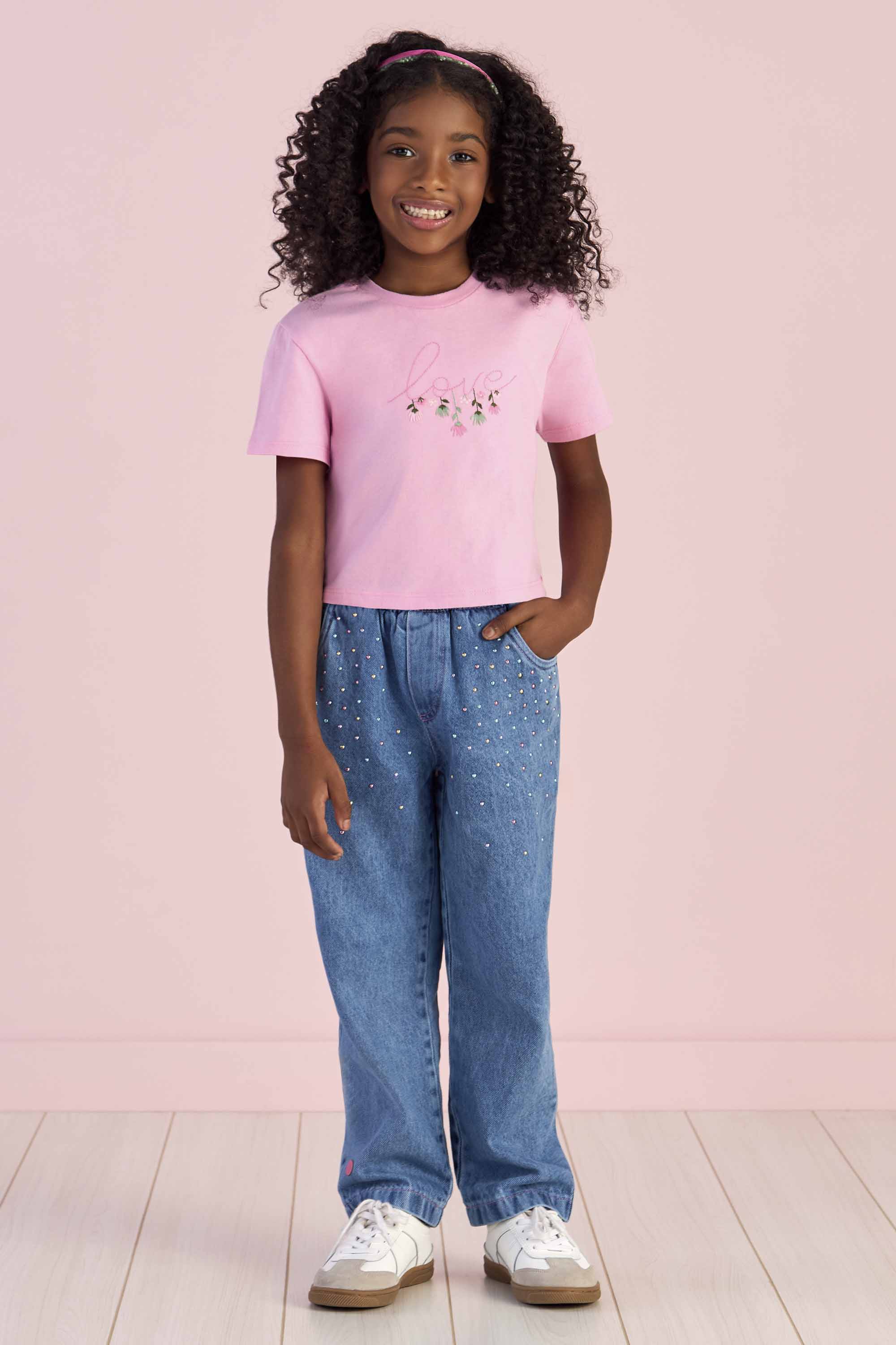 Calça Jeans Infantil com Elástico e Cristais Coloridos Petit Cherie
