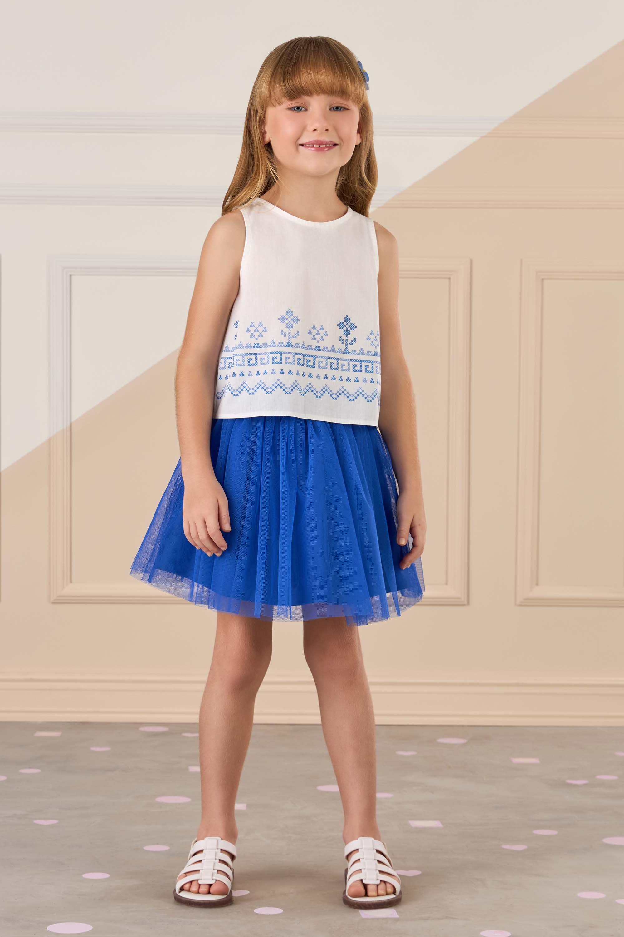 Conjunto Infantil Mon Sucré Regata Bordada e Saia Tule Azul