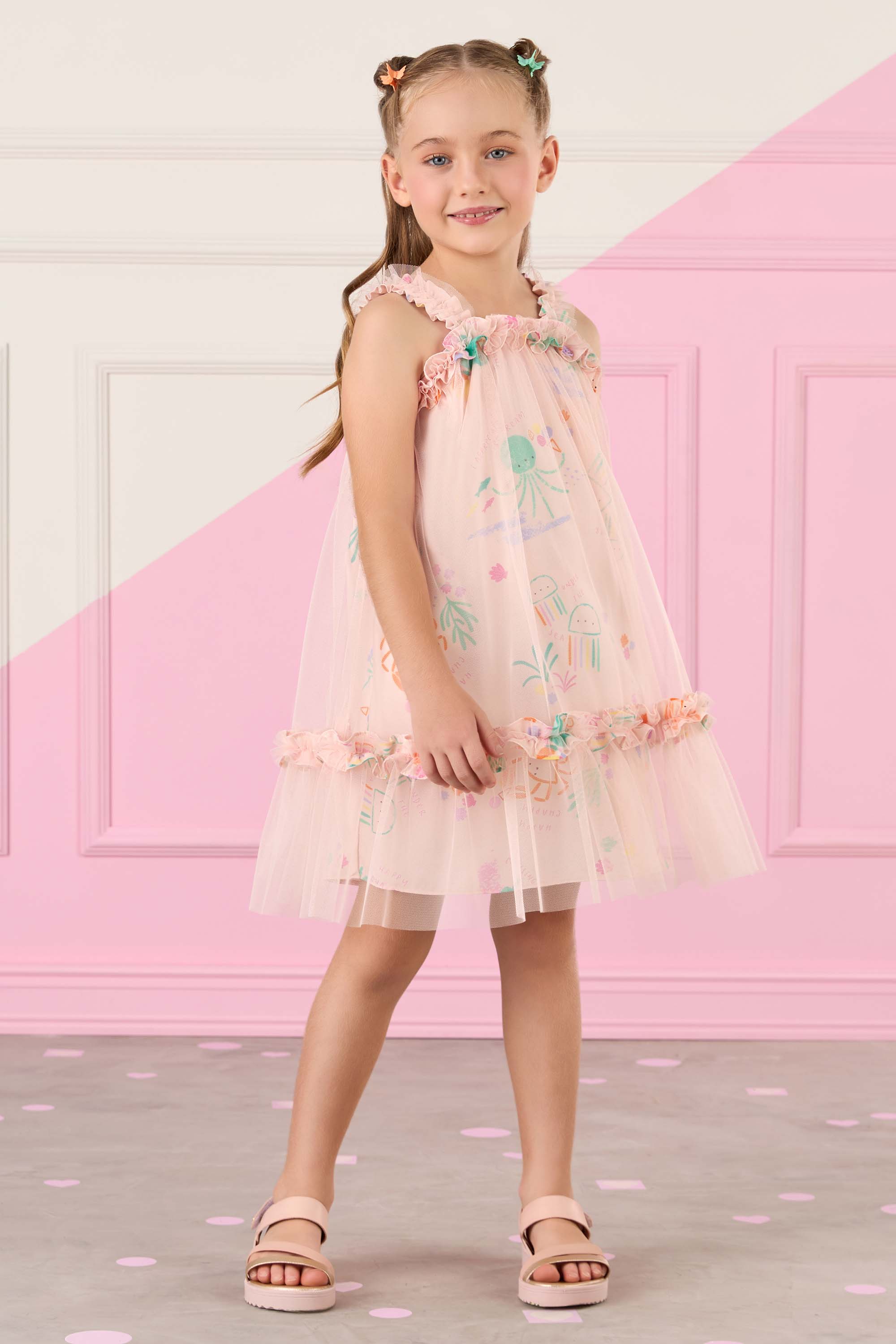 Vestido Infantil Mon Sucré com Tule Estampado Fundo do Mar